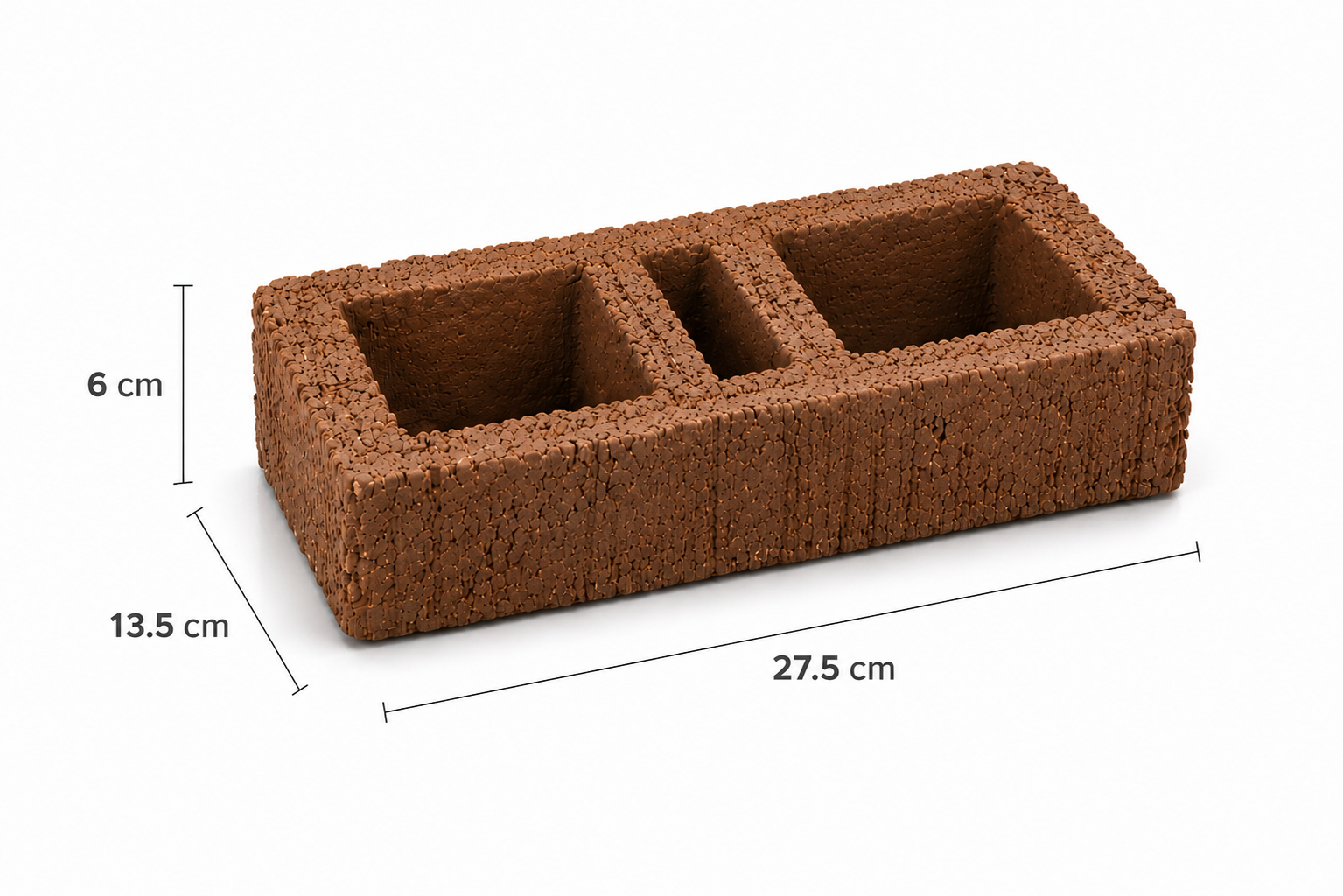 Diagrama de dimensiones del Ladrillo Romano: alto, ancho, largo y peso.